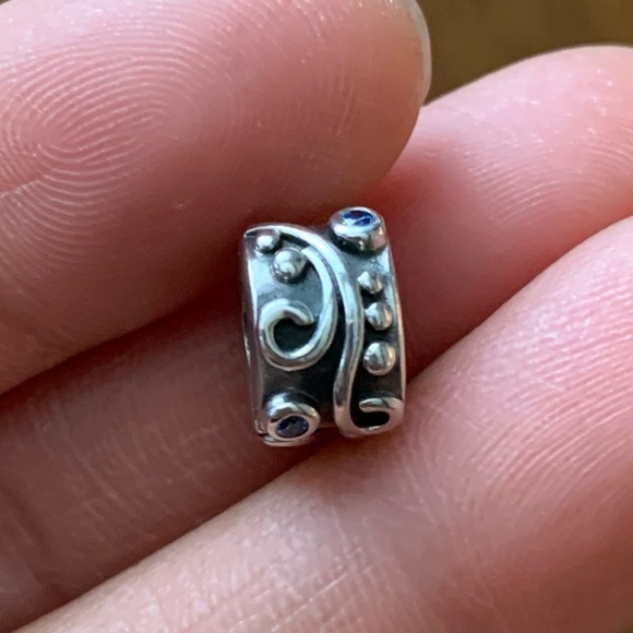 Retired HTF Pandora Blue Tendril Safety Clip Stopper w/ Blue CZ Charm Bead 925 - Picture 3 of 11